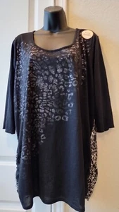 NWT Fadet Glory Womens Plus Size 2XL Black Animal Print T-shirt 3/4 Sleeve - Picture 1 of 11