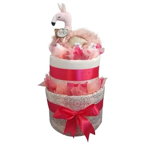 Flamingo Baby Girl Deluxe Double Layer Nappy Cake | Purple Pony Baby Shower Gift - Picture 1 of 6