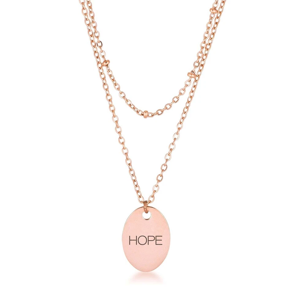 Rose Gold Plated Double Chain 'HOPE' Word Script Layered Oval Disc Necklace 18" - Image 1 of 1