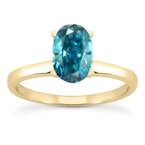 Blue Diamond Solitaire Ring Oval Shape Treated Solid 14K Yellow Gold VS2 1 Carat - Picture 1 of 5