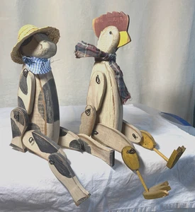 2 Vintage Wood Cow & Rooster Shelf Sitter Wire Articulated Joint Anthropomorphic - Picture 1 of 10