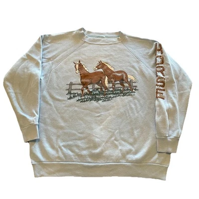 VTG 90s Horses Art Sweatshirt Women’s M Blue Pullover Cute Animals Sweater 80s - Image 1 of 4