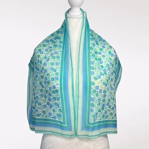 Vintage 60s Glentex Japan Sheer Nylon Floral Scarf Teal Aqua Blue Green Mod - Picture 1 of 10