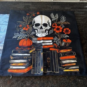 Throw Pillow Case Skeleton Books Pumpkin Halloween 18X19 Goth Library Retro - Picture 1 of 5