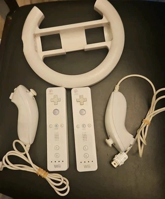 2x White Remote Wiimote Nunchuck Controller Set W/ Steering Wheel (Nintendo Wii) - Image 1 of 4