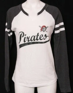 NEW Pittsburgh Pirates MLB Soft As A Grape White Black V-Neck LS T-Shirt Women M - Picture 1 of 10