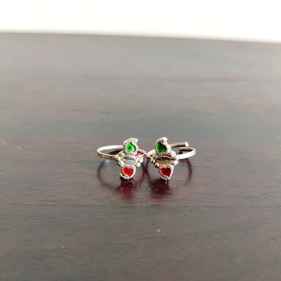 Par de anillos de dedo del pie vintage joyas de plata antigua dama tribal coleccionable piedra roja verde Foto 1 de 4