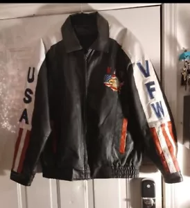 Men's Large VFW Eagle Vintage Jacket Red & Black Motorcycle Leather Riding Rare - Picture 1 of 15