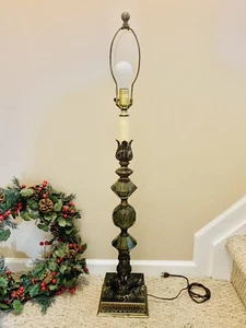 Vintage Antique Cherub Angel Green Glass Table Lamp Light Marble Base- EUC!! - Picture 1 of 12