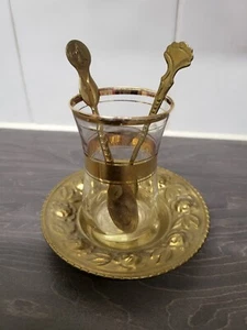 Vintage Turkish Tea Set bronze and glass Single + 2 spoons antique height 8cm - Picture 1 of 12