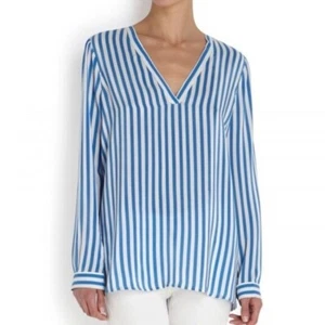 Joie Womens S Barden Blue White Vertical Striped Silk Long Sleeve Vneck Blouse - Picture 1 of 11
