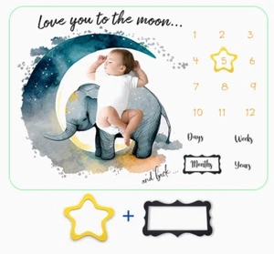 Baby Monthly Milestone Blanket, Swaddle, - Elephant, Love You to the Moon - Picture 1 of 10