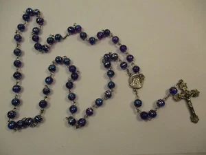 Vintage Rosary Round Purple Resin Beads Iridescent Blue Silver Tone - Picture 1 of 7