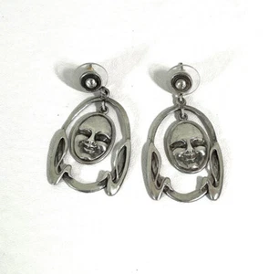 JCE022 Sterling Silver 925 Moon Face Drop Dangle Earrings Handmade in Mexico VG - Picture 1 of 3