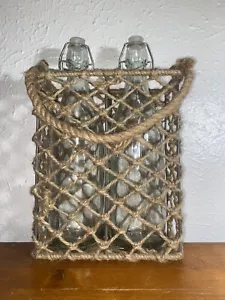 2 Clear Glass Bottles In Jute Rope and Metal Basket Carrier Holder. D-268 - Picture 1 of 4