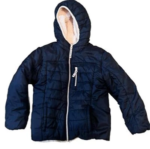 Eddie Bauer Fleece Lined Reversible Puffer Jacket Girls Navy Blue Pink 5/6 - Picture 1 of 4