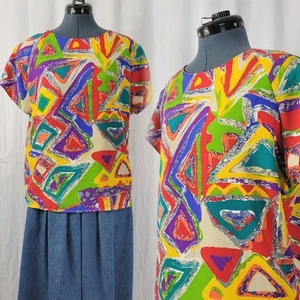 Vintage Impressions Multicolored Geometric Raglan Sleeve Blouse Size Large - Picture 1 of 16