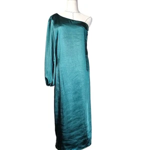 Skies Are Blue Emerald Green One Shoulder Long Sleeve Satin Midi Dress Size M - Picture 1 of 8