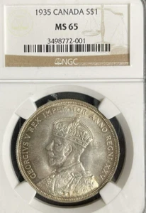 :1935 S$1 SILVER DOLLAR GEORGE-V CANADA GEM-BU NGC MS65 RARITY R4 255/66 LOW POP - Picture 1 of 2