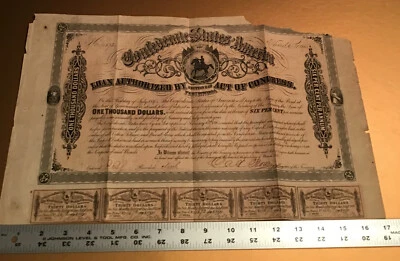 1864 CONFEDERATE STATES OF AMERICA Civil WAR BOND W/ COUPONS Authentic - Image 1 of 4