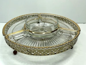 Vidrio de latón retro vintage de cuatro compartimentos Lazy Susan - Imagen 1 de 9