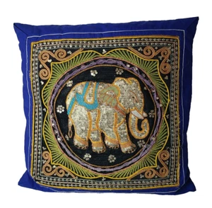 Pier One Ornate Elephant Tapestry Accent Throw Pillow Blue Embroidered Sequined - Picture 1 of 6