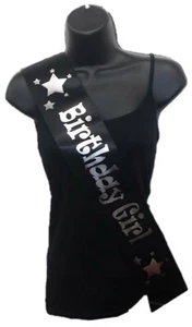 Faja de cinta satinada negra para fiesta de cumpleaños niña - estrellas plateadas - Imagen 1 de 1