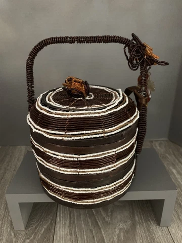 Vintage Beaded Basket Metal Frame Brown White Beads 3 Tiered with Lid Container Cover