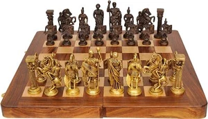Brass Chess Set with Wooden Board - Brass and Wood - Vintage  Antique - Picture 1 of 3