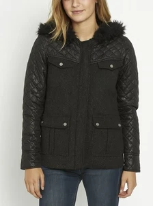 Volcom Women’s Jacket XS Black Quilted Faux Fur Hood Wool Blend Coat - Picture 1 of 10