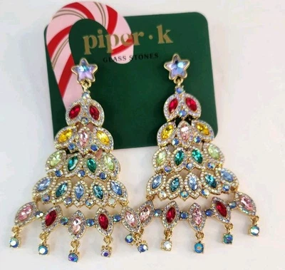 Dazzling Piper K Twinkling Cut Glass 3" Christmas Dangle Tree Earrings NIB! - Image 1 of 4