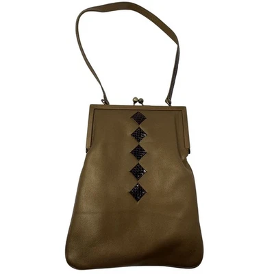 Vintage Diane Gail Taupe Leather Frame Purse Snakeskin Accents Kisslock Art Deco - Image 1 of 4