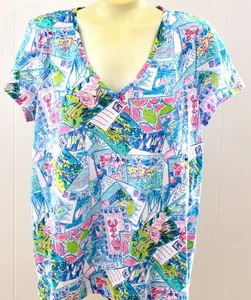 Lilly Pulitzer Etta V-Neck Top XL Wish You Were Here Neu mit Etikett Kurzarm Shirt - Bild 1 von 3