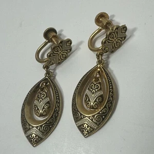 Vintage Toledo Spanien Damaszener 24K Gold Intarsien Ohrhänger Clip Ohrringe 1 3/4" - Bild 1 von 4