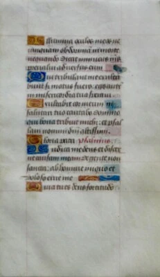 ca.1450 illuminated Book of Hours manuscript leaf,10 gold initials on color. - Image 1 of 2