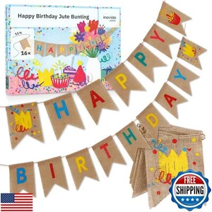 Happy Birthday Banner – 13 ft Reusable Burlap Pennant Garland – Colorful Part - Picture 1 of 5