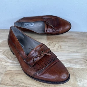 Vintage Bally Mens 11.5 D Kiltie Penny Loafers Brown Leather Tassel Almond Toe - Picture 1 of 18