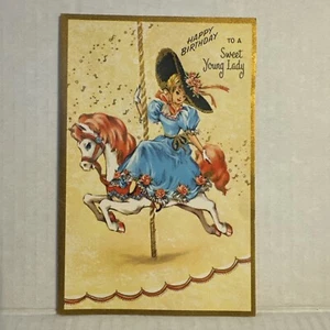 Vintage 1950s Birthday Card Unused Young lady on Carousel Horse with big hat - Bild 1 von 3