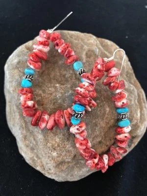 Turquoise & Spiny Oyster Navajo Sterling Silver Earrings 1963 - Image 1 of 4