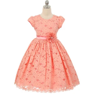 CORAL Size 10 Summer Floral Lace Girl Dress Party Birthday Bridesmaid Recital - Picture 1 of 2