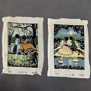 Set of 2 Antique Needlepointe Petit Point Tapestry Man and Woman Unframed Chrty - Picture 1 of 14