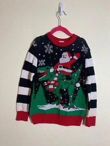 Well Worn Christmas Sweater Santa Dinosaur Ugly Holiday Black Youth Size Small - Picture 1 of 6