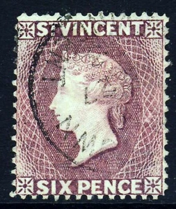 ST. VINCENT QV 1891 Six Pence Dull Purple Wmk Crown CA  P.14 LINE SG 57 VFU - Picture 1 of 2