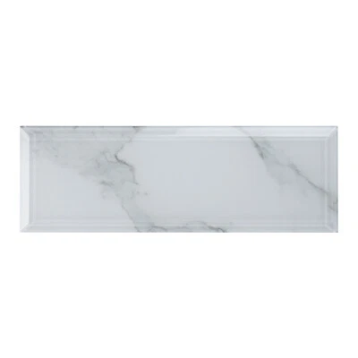 4” x 12” Bevel 3D Edge Super White Calacatta Glass Subway Tile Wall Backsplash - Image 1 of 4