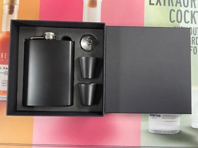 Black Hip Flask Set with 2 Shot Glasses Funnel and  Gift Box Stainless Steel - Image 1 of 2