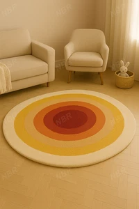 Modern Round Hand Tufted Wool Rug With Retro Sunburst Design Warm Yellow & Orang - Picture 1 of 6