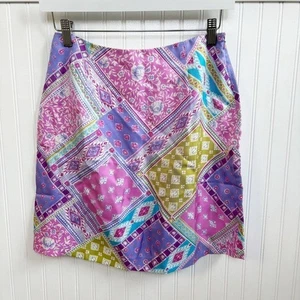 Falda Boston Propia Rosa y Púrpura Multi Patrón Patchwork 100% Seda Talla 6 NUEVA - Imagen 1 de 6