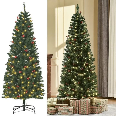 Christmas Tree Prelit 6ft Artificial Pencil Slim LED Lights with Berries - Image 1 of 4