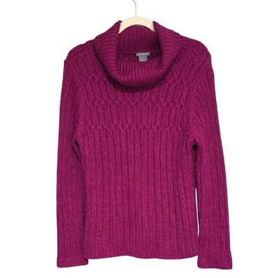 Women Sz XL Purple Wool Blend Cable Knit Ribbed Resort Wear Cowl Neck Sweater - Image 1 of 4