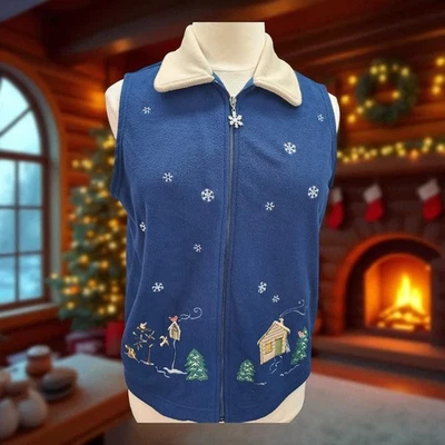 Chaleco polar vintage para mujer GRANDE azul invierno bordado árboles cabina cottagecore Foto 1 de 4